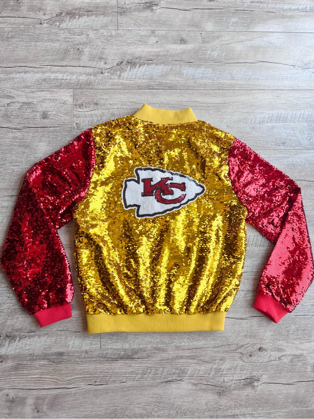Kansas City Chiefs NFL Licensed Sequin Bomber Jacket - Gold & Red
